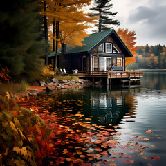 Poster - A serene lakeside cabin in autumn.