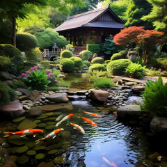 Poster - A tranquil garden with a koi pond. 