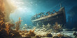 Abandoned ship at the bottom of the sea underwater in the sun's rays and a colorful multi-colored bright coral reef background