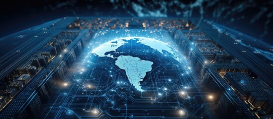 Poster - A digital representation of the Earth, encircled by pulsating lights against a dark backdrop, symbolizing connectivity and technological advancement.