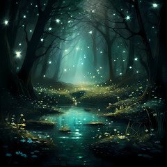 Wall Mural - Ethereal moonlit forest with fireflies.