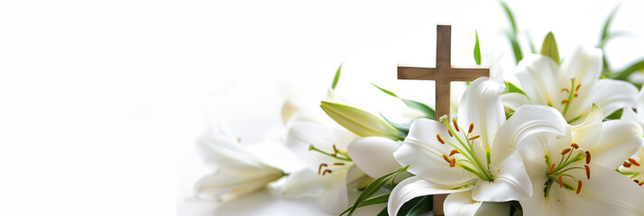 Elegant white lily flowers and a wooden cross on a bright background, symbolizing faith and purity, with space for text on the right, ideal for Christian religious themes like Easter