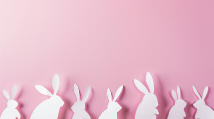 Poster - Easter concept with paper cut-out rabbit silhouettes on a pastel pink background with ample copy space for text