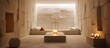 The room is softly lit by candles scattered around the salt block walls of a spa. The warm glow enhances the relaxing ambiance, creating a soothing environment for visitors.