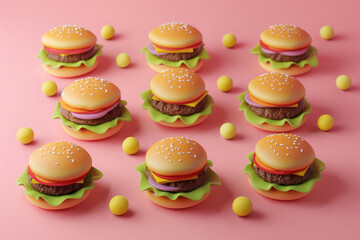 Wall Mural - Colorful pattern of stylized cartoon burgers with yellow balls on a pink background, ideal for playful food-themed designs with copy space