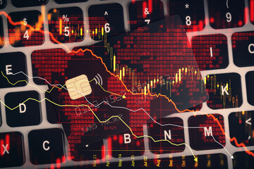 Poster - Close up of bank cards and laptop keyboard with abstract downward red forex chart on blurry background. Crisis, recession and economic fall concept. Double exposure.