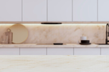 Poster - An empty, modern kitchen interior with a marble tabletop in the foreground and a blurred counter in the background. 3D Rendering