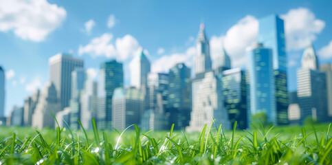 Wall Mural - A city skyline with a green field in the foreground