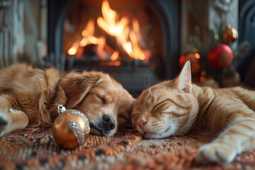 Wall Mural - A dog and a cat sleep happily in front of the fireplace in the living room. Sleep and happiness concept.