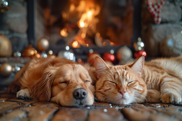 Wall Mural - A dog and a cat sleep happily in front of the fireplace in the living room. Sleep and happiness concept.