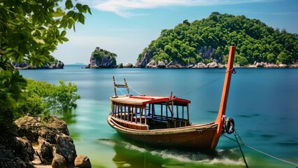 Sticker - Traditional Thai longtail boat on the beach in Krabi, Thailand, Longtail boat anchored in the sea, with the landscape of the archipelago visible in the background, AI Generated