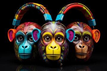 Wall Mural - Artistic Monkey headphones color splash. Wild style. Generate Ai