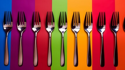 Shiny forks, knives, and spoons are elegantly arranged diagonally on a red background, presenting an avant-garde design for upscale cutlery shops or restaurants.