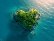 A heart-shaped island with a forest in the middle, surrounded by blue water.