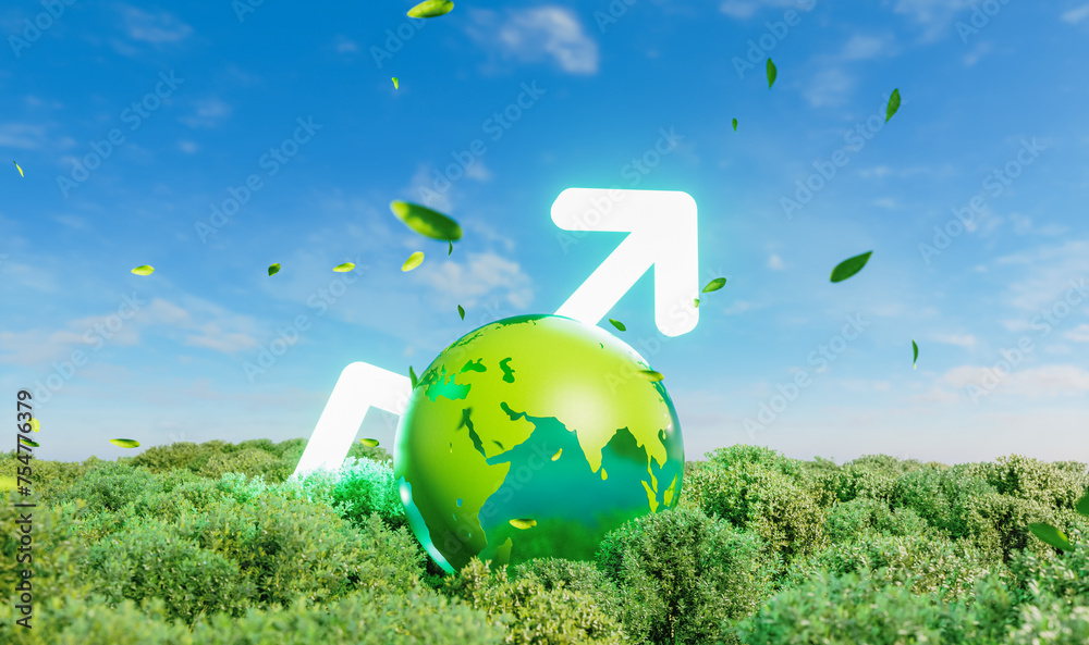 Crystal green globe with growth arrow on forest background. Sustainable ...
