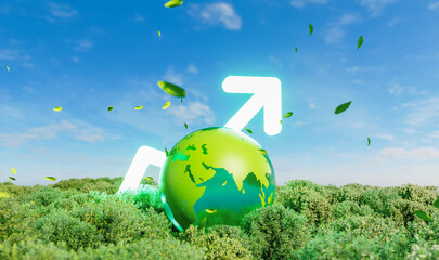 Crystal green globe with growth arrow on forest background. Sustainable development Goals concept. 3d rendering.