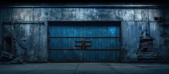Wall Mural - A dark room illuminated by faint light seeping through the cracks, featuring a blue iron door against a weathered brick wall. The stark contrast between the blue door and the textured brick creates a