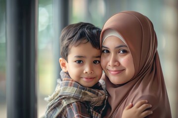 Muslim mother and son loving each other, copy space - generative ai