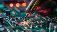 Close Up Of A Electronic Circuit Board, Repair Of A Computer, Close Up Of A Computer Board Soldering With Soldering Iron By Technician