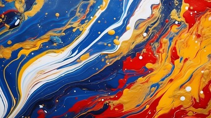 Poster - Yellow liquid marble serves as the backdrop for blue and red streaks, sprinkled with gold sparkles, creating a vibrant avant-garde painting with rich texture.