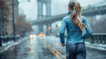 Wall Mural - woman jogging on the street while snow