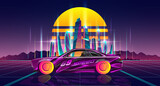 Fototapeta Londyn - Retro futuristic sports racing car on the background of night city landscape. The car of the future. Vintage 80s style poster.
