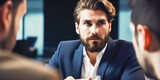 Fototapeta  - Illustration of business conference in boardroom interior background. Handsome bearded businessman listening to colleagues and looks serious and attentive.