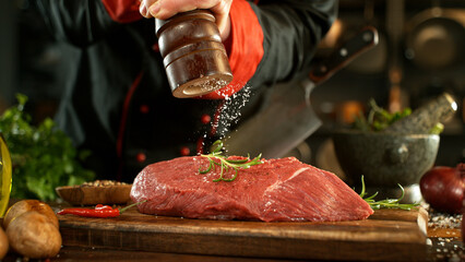 Wall Mural - Close-up of falling salt on tasty beef steak in kitchen. Chef in background.