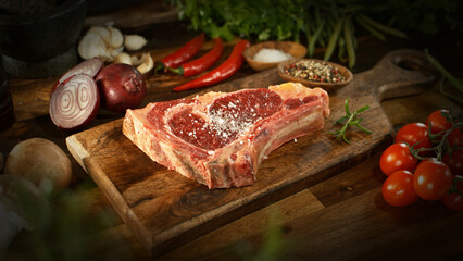 Wall Mural - A view of a fresh raw beef steak on a wooden board placed on the kitchen counter. The concept of meat preparation.