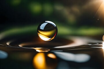 Poster - This close-up photo captures the mesmerizing beauty of a water drop reflecting the sunlight against a backdrop of the sun