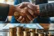 Introduce a novel approach to business partnerships with a handshake ritual featuring the Growth Step Coin and Infographic, symbolizing mutual growth.