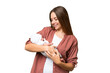 © luismolinero - Young blonde woman  with her newborn baby over isolated chroma key background with happy expression