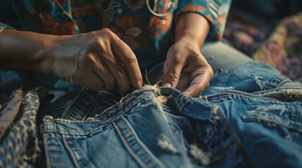 Poster - Female mends and recycles worn denim garments for cost-effective sustainability.