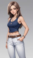 Wall Mural - Anime girl on an isolated background in a blue T-shirt and light pants. Big Blue eyes