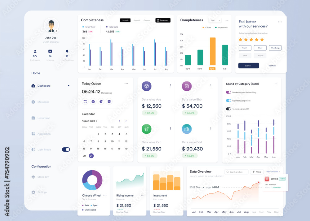UI UX Infographic dashboard. UI design with graphs, charts and diagrams ...