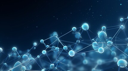 Canvas Print - An abstract molecular structure is depicted with blue particles and a wireframe mesh in a vector illustration, representing a scientific nanotechnology background.