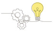 © Nataliia - Single continuous line symbol of machine wheel gears and light bulb vector illustration. Cogwheel one line contour drawing business teamwork concept. Design for poster, card, label, company