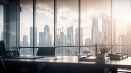 Poster - Modern office interior with city view and daylight.