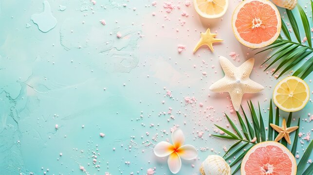 Tropical Background with Palm Trees Branches with starfish and seashell, orange on blue background. Copy space