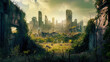 Ruins overgrown by plants. In background the last remains of a destroyed city skyline after the apocalypse. Generative Ai