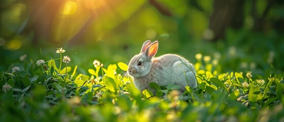 Wall Mural -  a rabbit sitting in a field of grass with the sun shining on it's back and it's ears in the air.