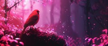  A Red Bird Sitting On Top Of A Lush Green Forest Filled With Purple And Pink Flowers On A Lush Green Hillside.