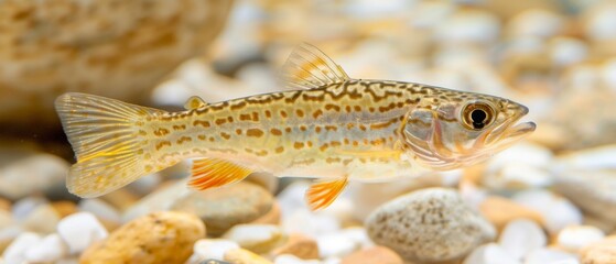 Sticker -  a close up of a fish on a body of water with rocks and gravel in the foreground and a rock in the background.