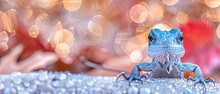  A Blue Lizard Sitting On Top Of A Table Next To A Person's Hand And A Blurry Background.