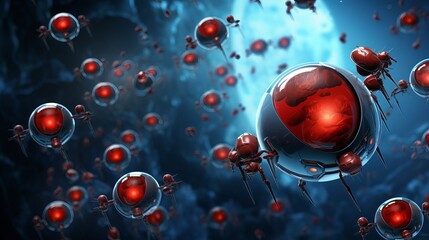 Canvas Print - Nanobots are depicted traversing through the bloodstream and repairing blood cells in a digital illustration.