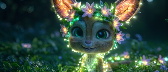 Wall Mural -  a close up of a cat in a field of grass with flowers on its head and lights on its ears.