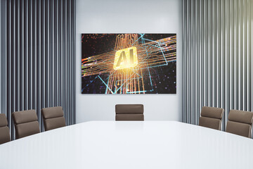 Poster - Creative artificial Intelligence icon on presentation tv screen in a modern meeting room. Neural networks and machine learning concept. 3D Rendering