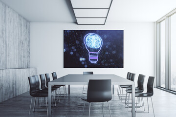 Aufkleber - Creative light bulb with human brain hologram on presentation monitor in a modern boardroom, artificial Intelligence and neural networks concept. 3D Rendering