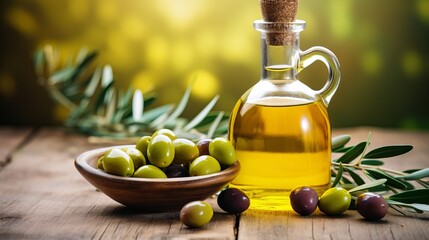 Wall Mural - Olive oil and olive berries are arranged on a wooden table beneath an olive tree.