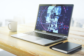 Poster - Modern computer monitor with creative artificial Intelligence symbol. Neural networks and machine learning concept. 3D Rendering